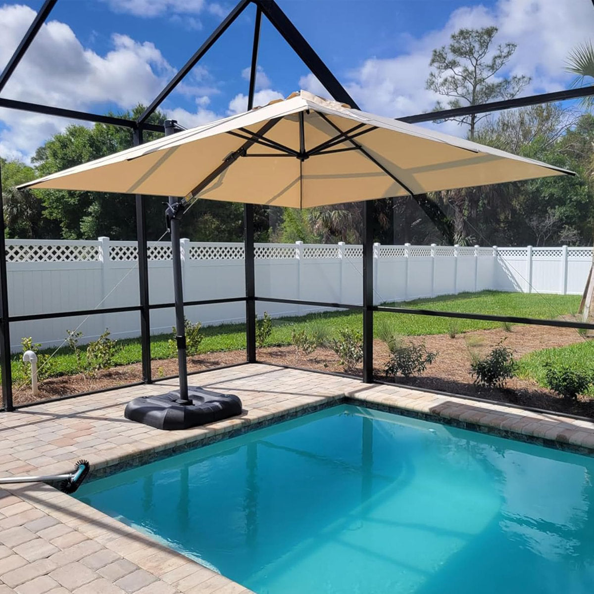 9' Square Medium Cantilever Beige Umbrella with Base and 360-degree Rotation