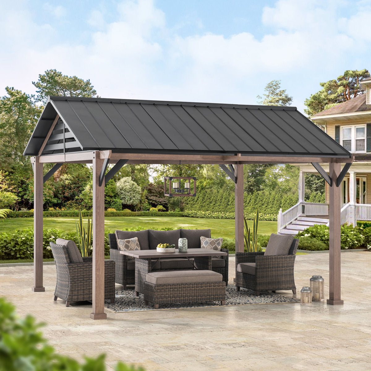 Sunjoy Hardtop Gazebo 13 x 13 ft. Outdoor Galvanized Steel Gazebo with Metal Gable Roof and Ceiling Hook, Suit for Patio and Backyard